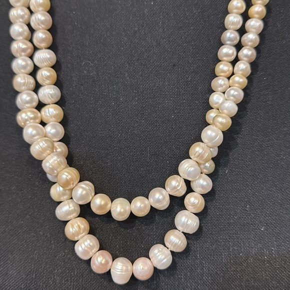 Vintage Freshwater Baroque Circle Pearl Necklace Double Strand Silver toggle 25” - Picture 8 of 15